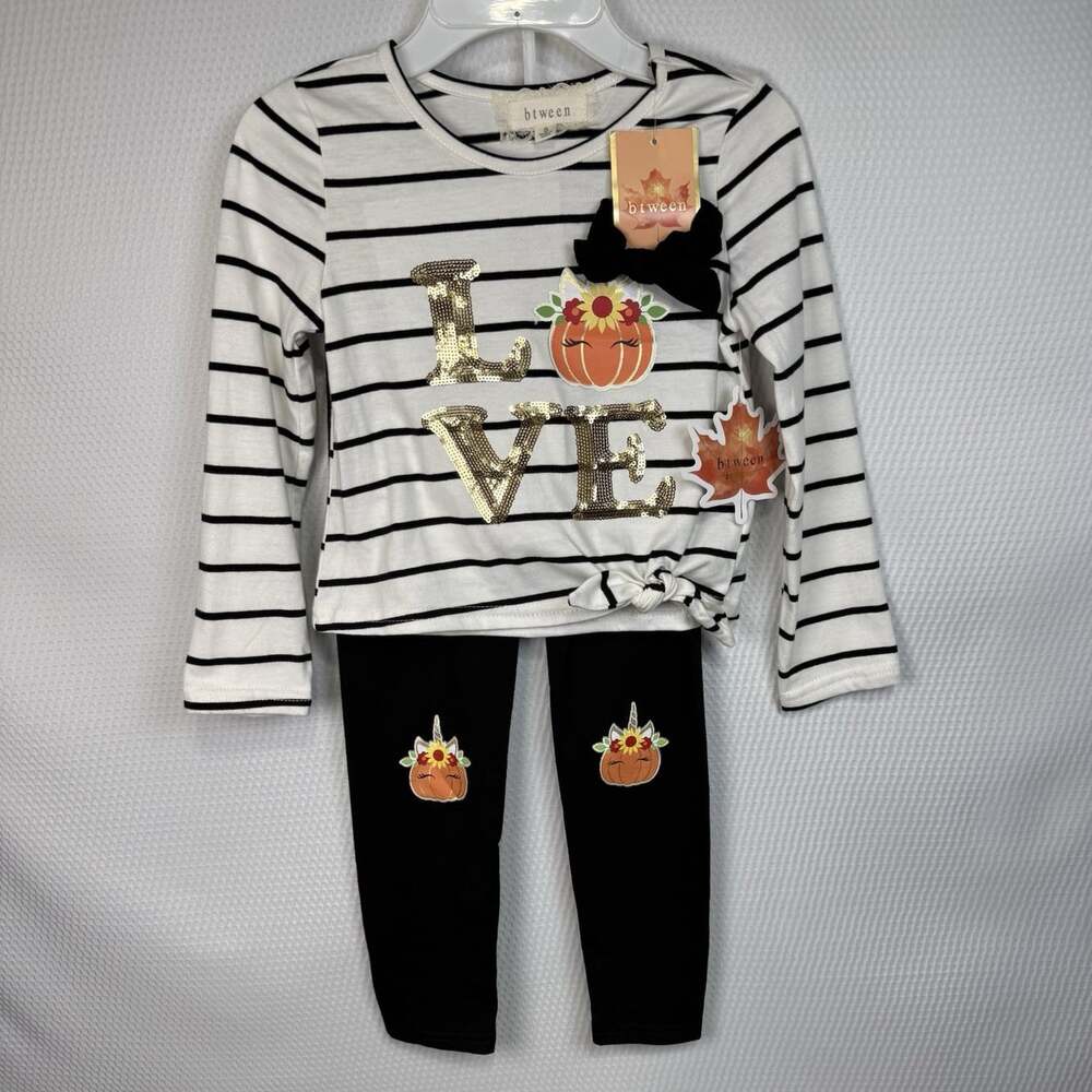 NWT btween Girls Size 5 Fall Pumpkin LOVE Top Leggings Scrunchie 3 Pc Set